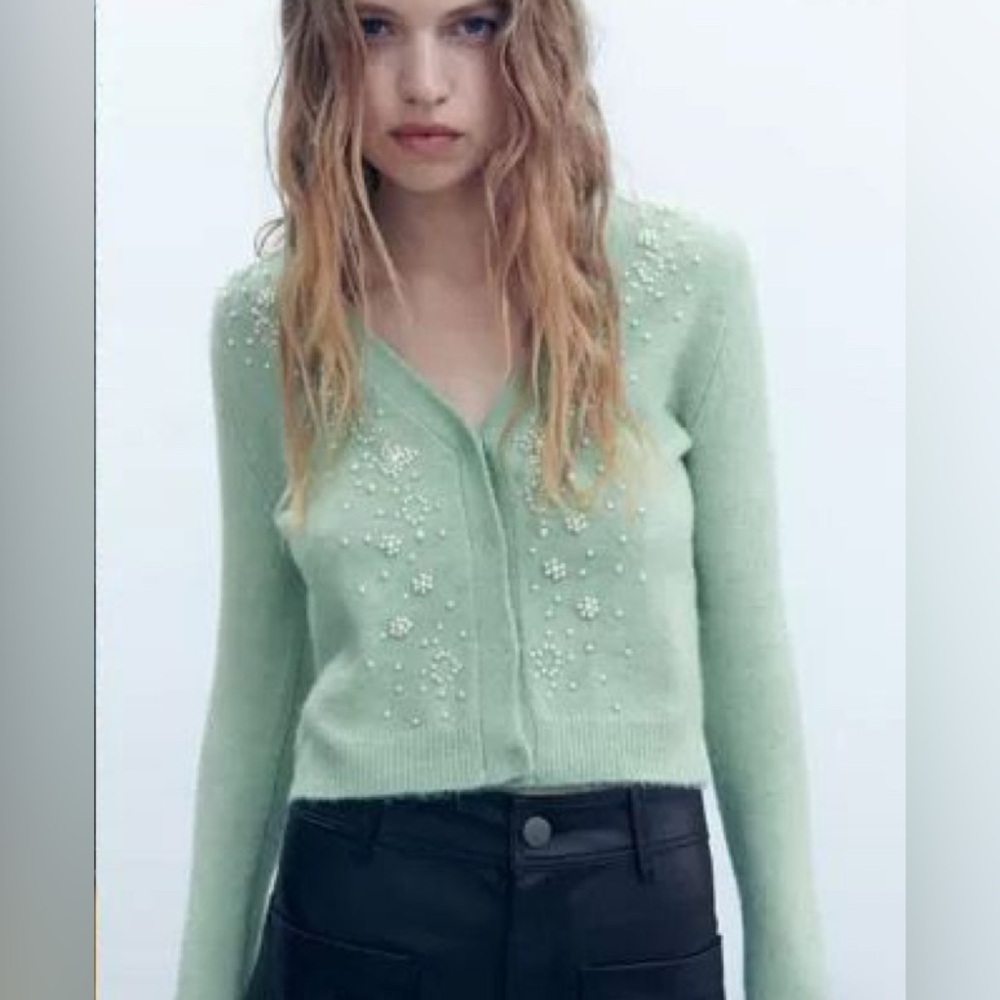 Zara - White Pearl Embellishment Mint Green Button Down Cardigan Size Small